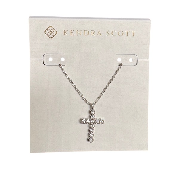 Kendra Scott Cross Pendant Necklace Rhodium White Crystal Silver Tone New - Picture 2 of 7